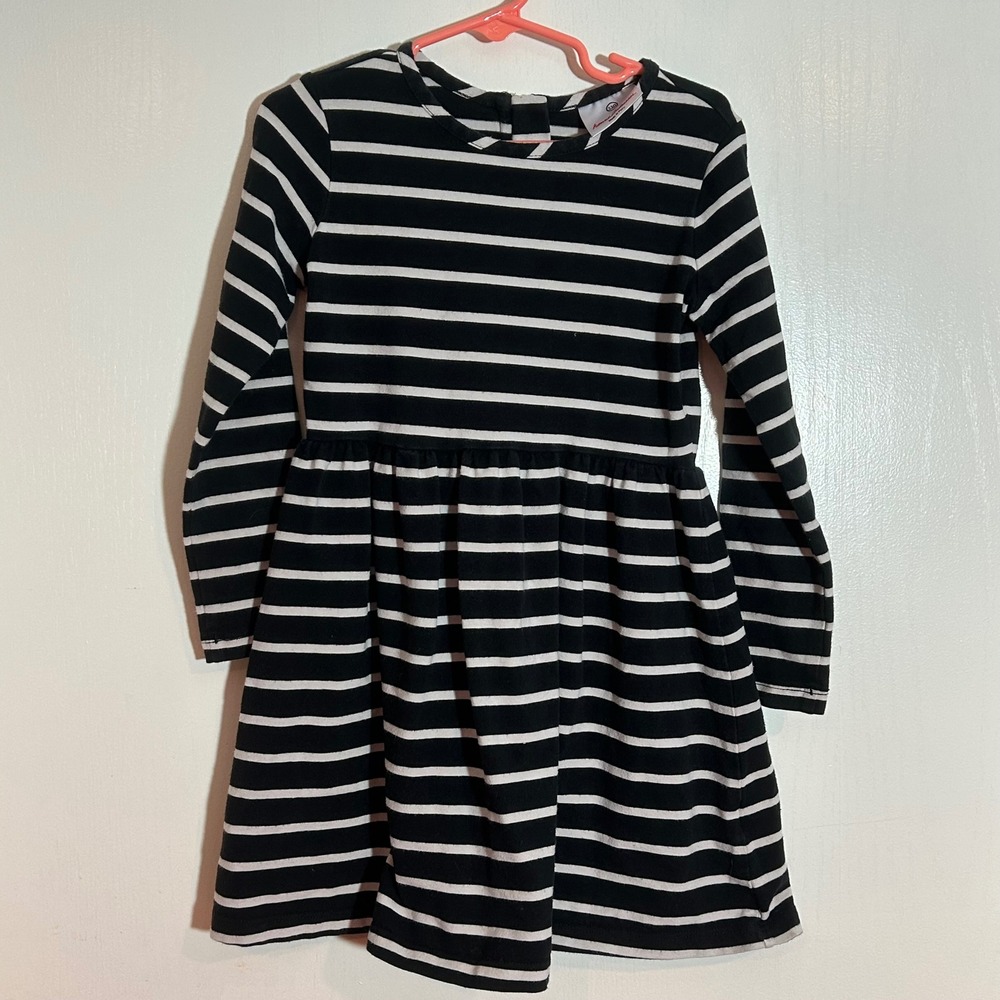 Hanna Andersson Black Stripe Long Sleeve Dress Girls Size 110‎ Gold Zipper